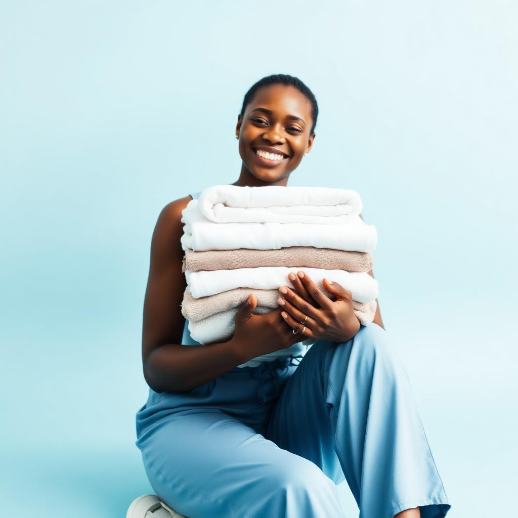 Happy customer holding fresh folded laundry